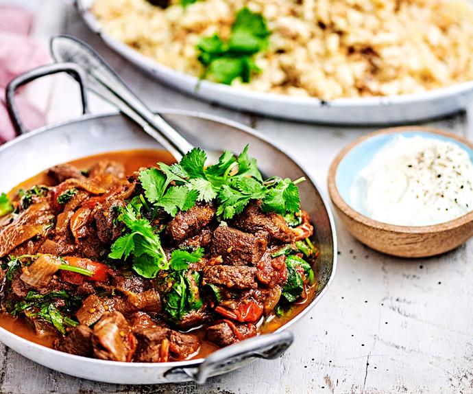 Fast lamb curry with sticky chickpea and cauliflower rice