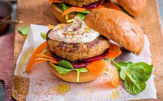 Vegetarian lentil and chickpea burgers with tahini sauce