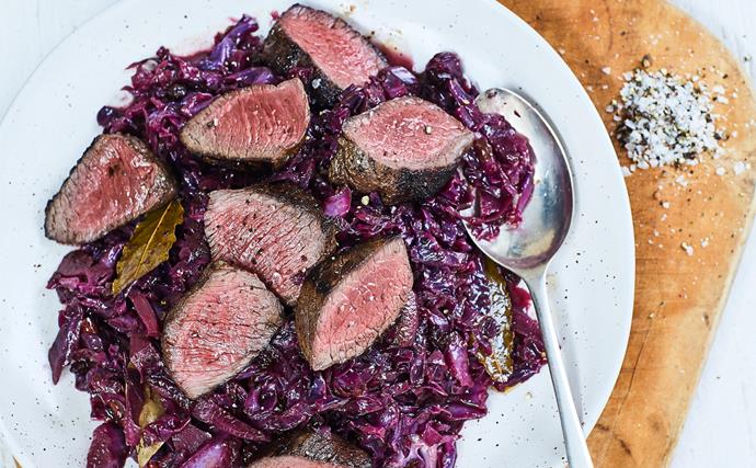 Venison with blackberry and wine-braised cabbage