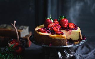Labne cheesecake with ruby fruit salad