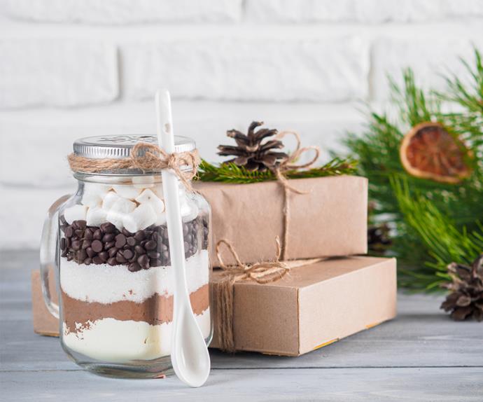 Eco-friendly gift wrapping hot chocolate in a jar