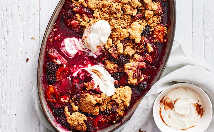 Plum and blackberry crumble with spiced yoghurt