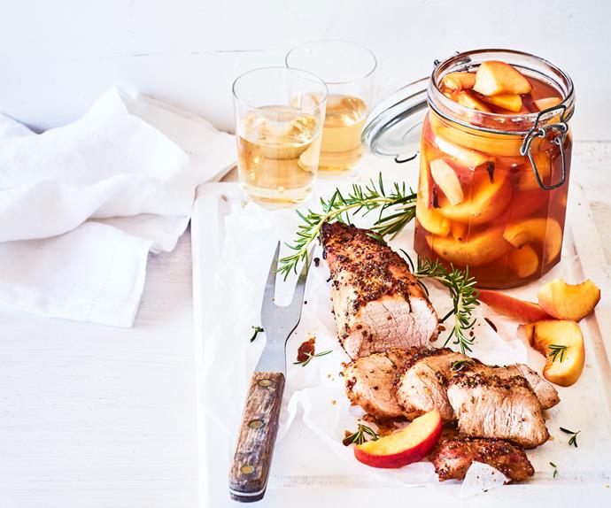 Sticky roasted pork loin with pickled peaches