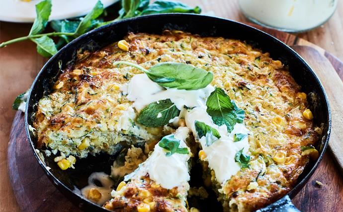 Cheesy courgette and corn skillet bake