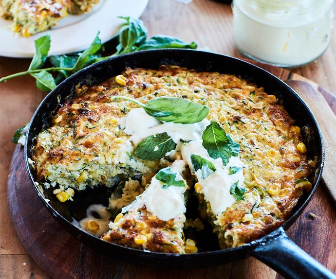 Cheesy courgette and corn skillet bake