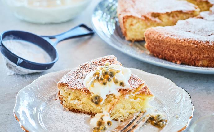 Easy vanilla cake with passionfruit pulp and yoghurt
