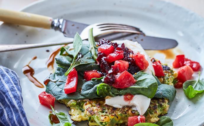 Broccoli and herb fritters with beetroot relish