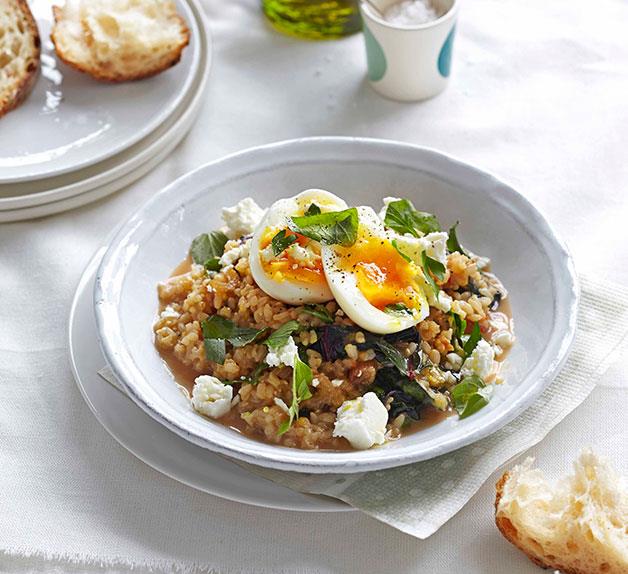 Braised rainbow silverbeet with brown rice, feta and egg | Gourmet ...