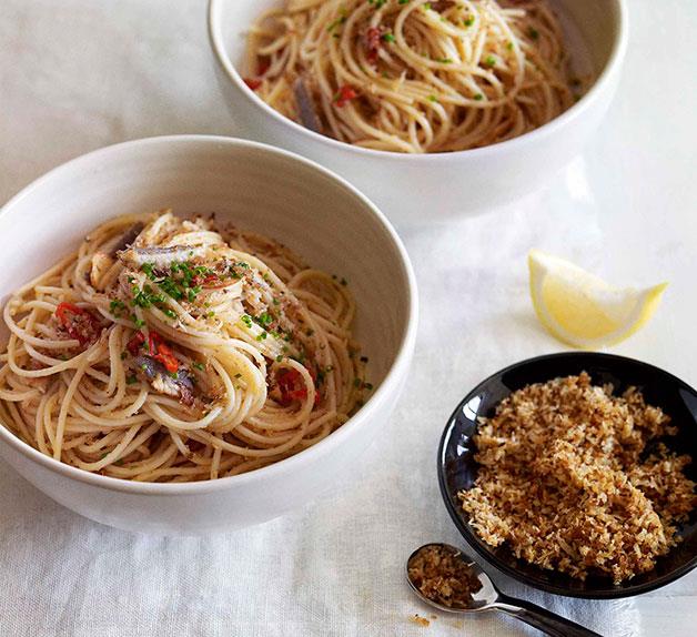 Spaghettini with smoked eel, garlic, chilli and pangrattato