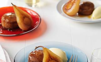 Spiced financières with poached pears and vanilla ice-cream