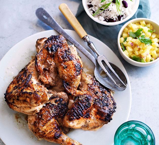 Jerk chicken with coconut rice and pineapple relish | Gourmet Traveller