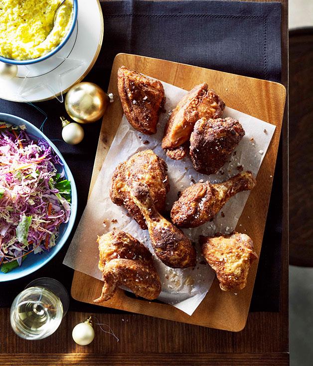 **[Fried chicken with creamed corn and coleslaw](http://www.gourmettraveller.com.au/recipes/chefs-recipes/fried-chicken-with-creamed-corn-and-coleslaw-9008|target="_blank")**