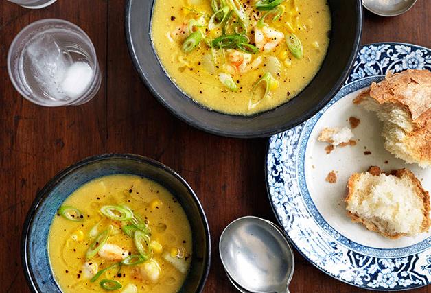 Velveted prawns with sweetcorn soup