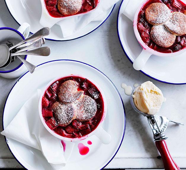 Rhubarb and raspberry cobbler with buttermilk ice-cream