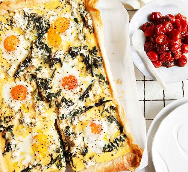 Egg, spinach, rocket and feta breakfast tart
