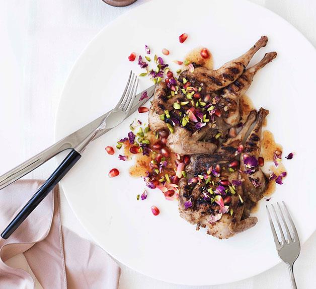 Char-grilled quail with rose and pomegranate