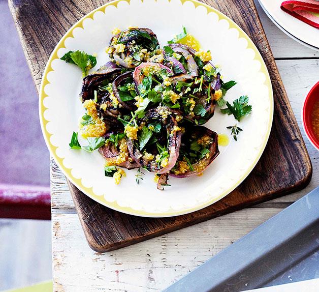 Grilled red onion salad with hazelnut aillade