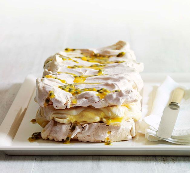 Meringue, banana and passionfruit curd cake