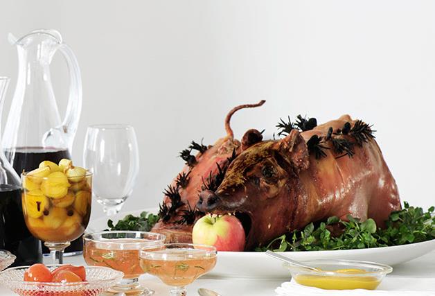 Roast suckling pig with walnut and apple stuffing