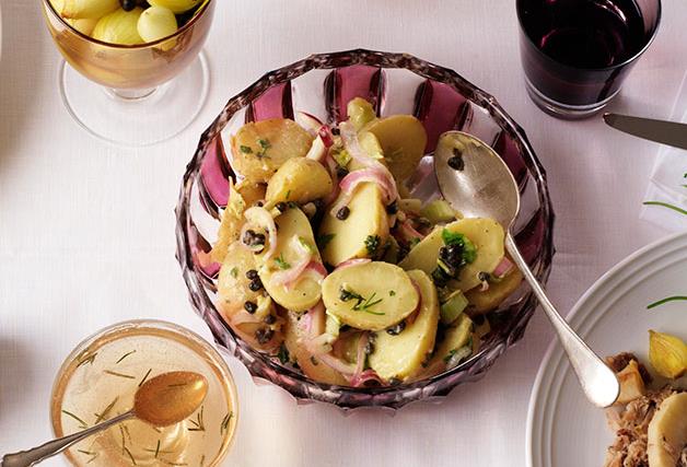 Warm potato salad with celery, red onion and capers