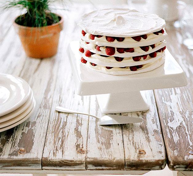 Meringue stack with raspberries and cream