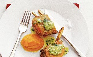 Roast double lamb cutlets with pumpkin puree and rosemary butter