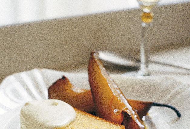 Olive oil and sauternes cake with roast pears