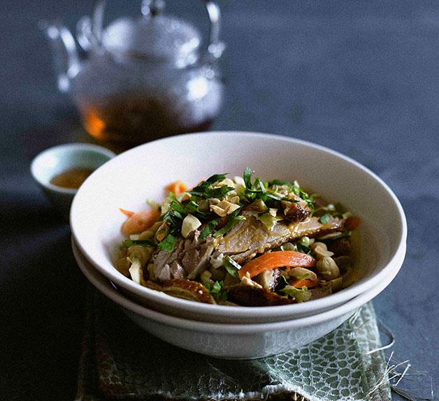 Cantonese roast duck salad with pickled daikon, carrot and celery