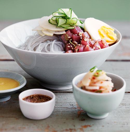 [Dang myun noodles with raw tuna and kimchi daikon](https://www.gourmettraveller.com.au/recipes/browse-all/dang-myun-noodles-with-raw-tuna-and-kimchi-daikon-14050|target="_blank")