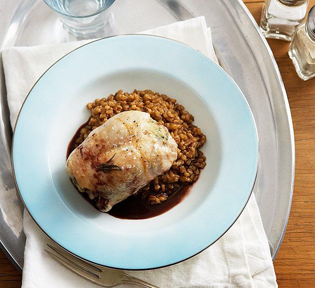 Rabbit with pearl barley risotto and rosemary jus