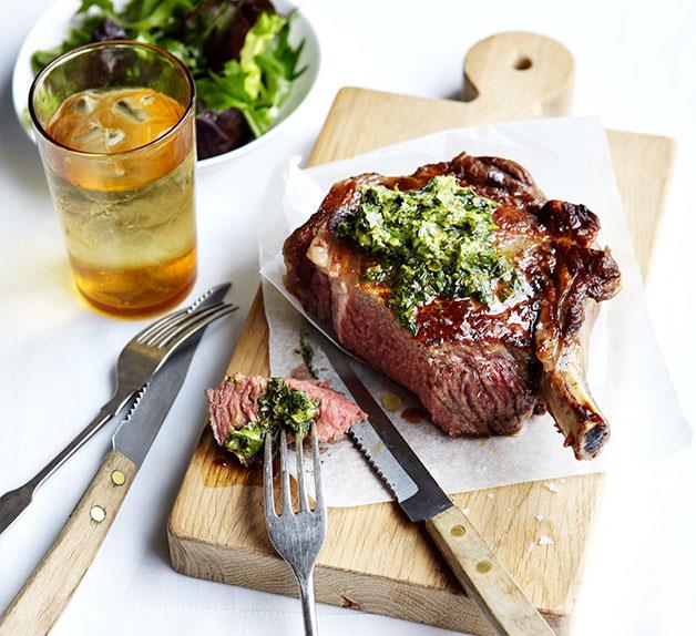 Grilled rib-eye with anchovy and caper butter