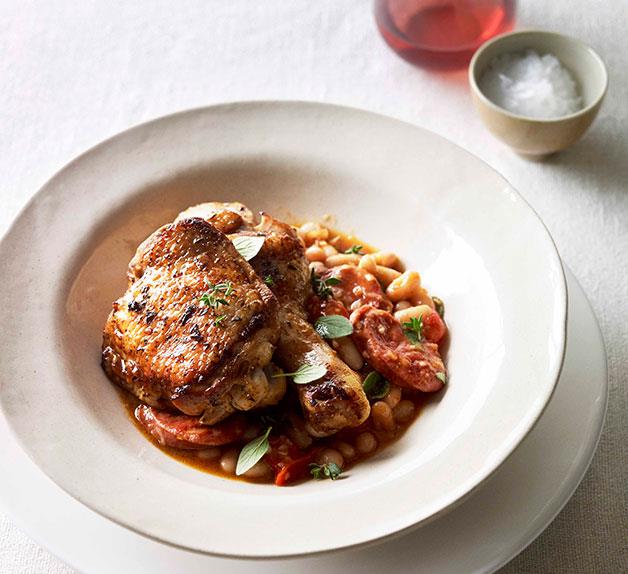 Paprika roast chicken with chorizo and white beans