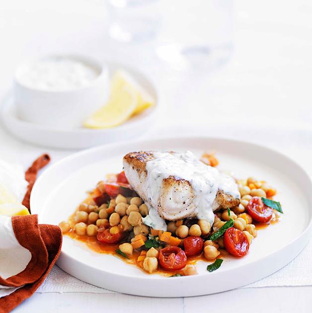 Spiced blue-eye with chickpeas and minted yoghurt | Gourmet Traveller