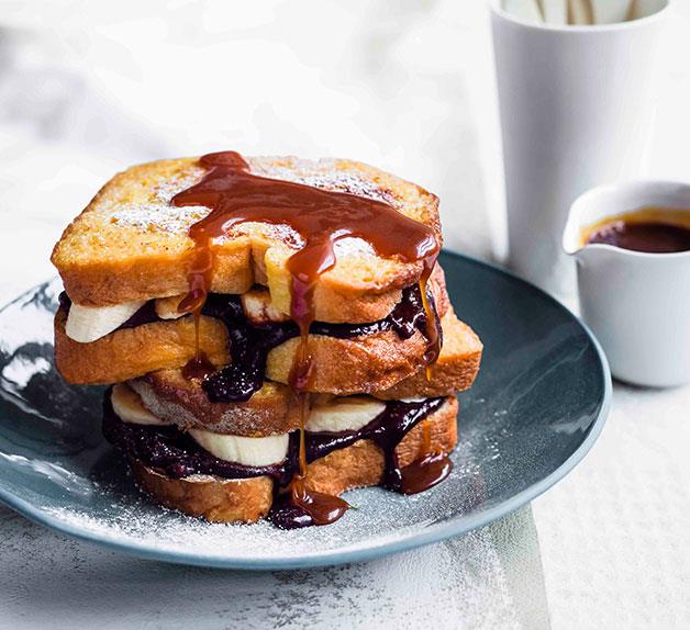Chocolate and banana French toast with salted caramel