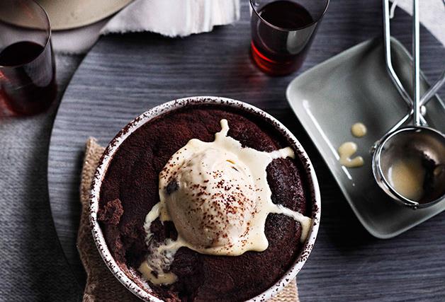 Saucy chocolate puddings with muscatel ice-cream