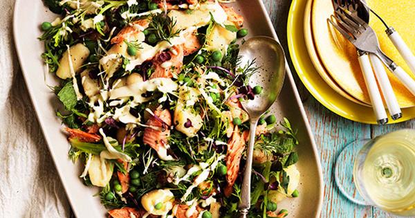 Smoked rainbow trout with soft herbs and lemon salad cream | Gourmet ...