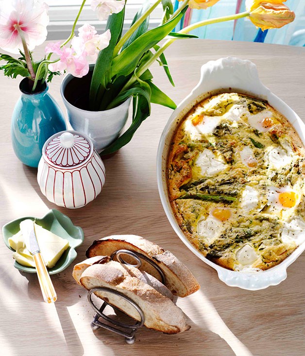 **[Grilled asparagus, herb and goat's curd baked eggs](https://www.gourmettraveller.com.au/recipes/browse-all/grilled-asparagus-herb-and-goats-curd-baked-eggs-11204|target="_blank"|rel="nofollow")**