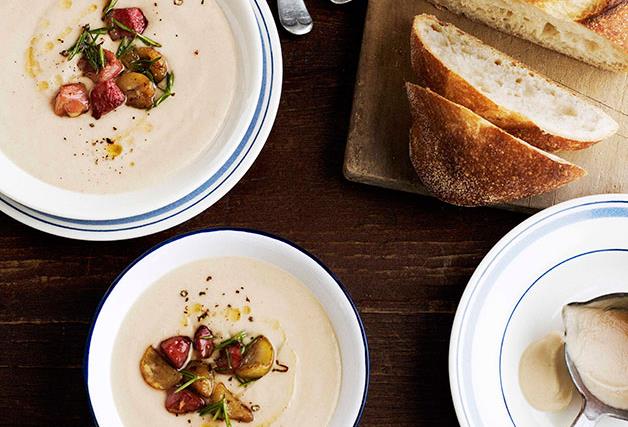 Creamy bacon and celeriac soup with fried chestnuts