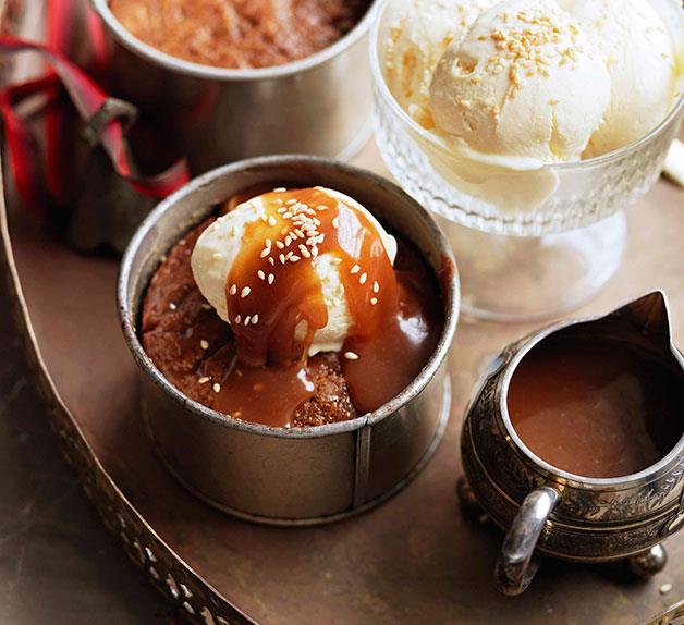 Date puddings with sesame ice-cream and salted caramel
