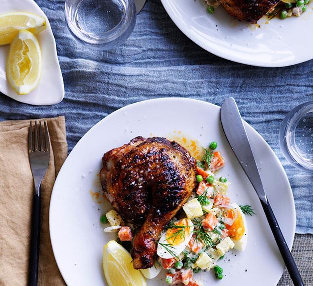 Roast chicken with Russian salad