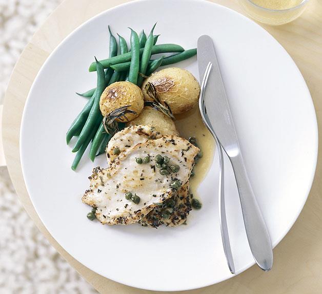 Chicken paillards with rosemary and capers