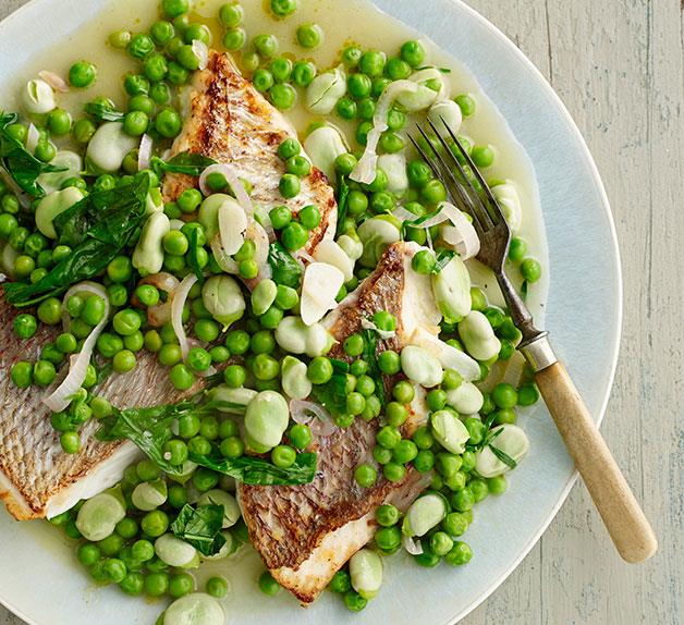 Pink snapper with braised peas and broad beans