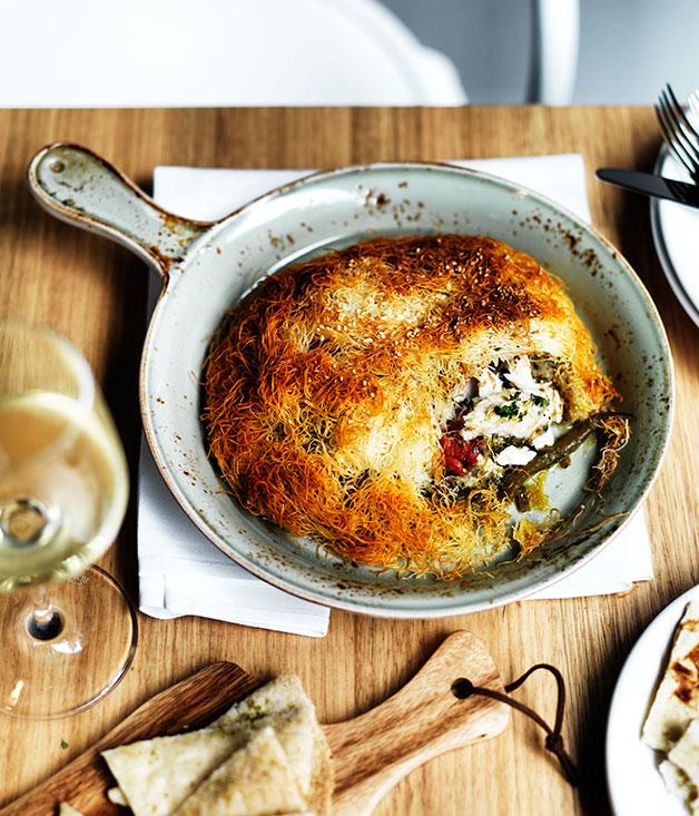 **[Snapper, slow-braised beans, fennel and kataifi pies](https://www.gourmettraveller.com.au/recipes/chefs-recipes/snapper-slow-braised-beans-fennel-and-kataifi-pies-7916|target="_blank"|rel="nofollow")**