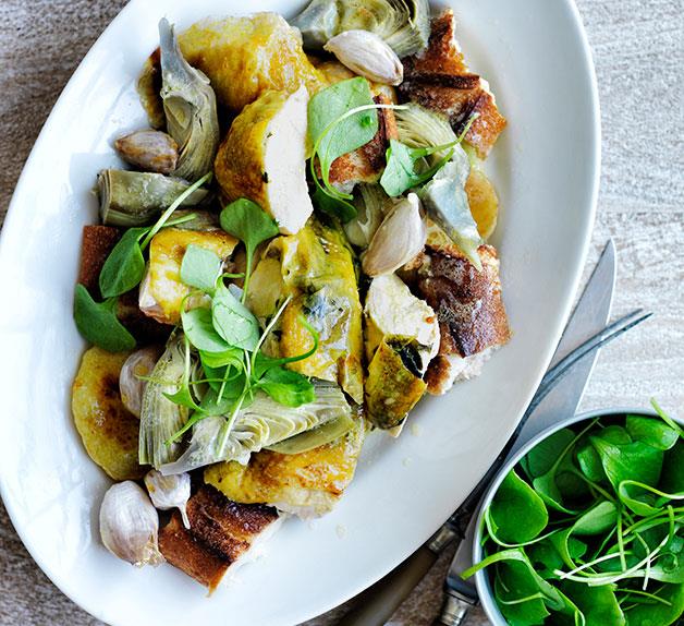 Roast chicken and potatoes with baguette, artichokes, sage and lemon