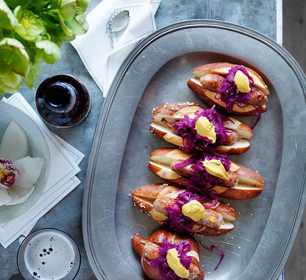 Spiced pork sausages in rolls with red cabbage