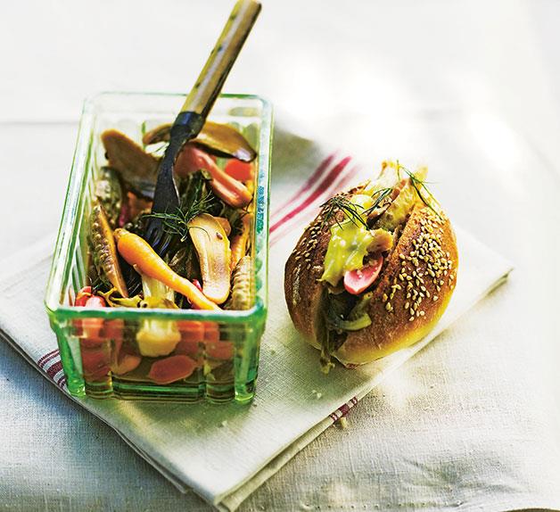 Confit rabbit and pickled vegetable sandwiches