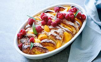 Verbena-scented bread and butter pudding, peaches, raspberries