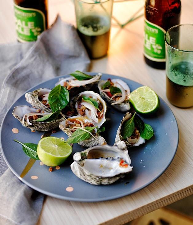 **Barbecued oysters with bacon-chilli-tamarind sauce**
