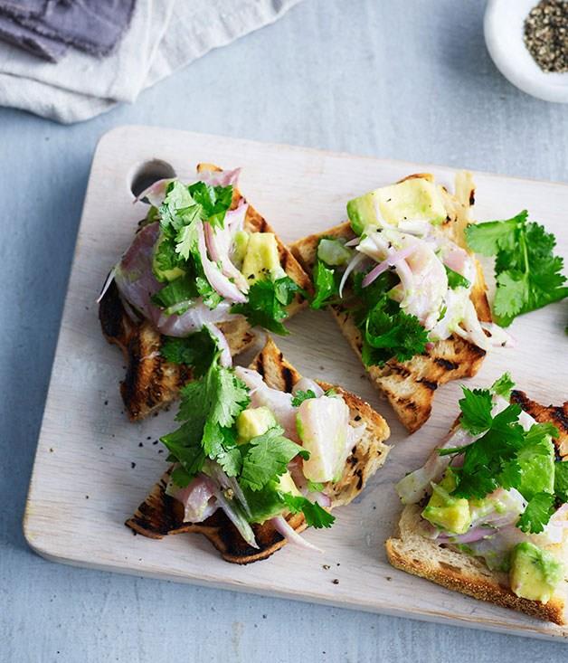 [**Ceviche toasts with avocado and coriander**](https://www.gourmettraveller.com.au/recipes/fast-recipes/ceviche-toasts-with-avocado-and-coriander-13390|target="_blank")
