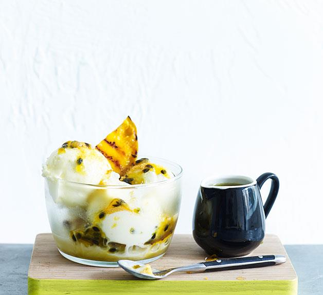 Grilled mango and passionfruit frozen yoghurt sundae